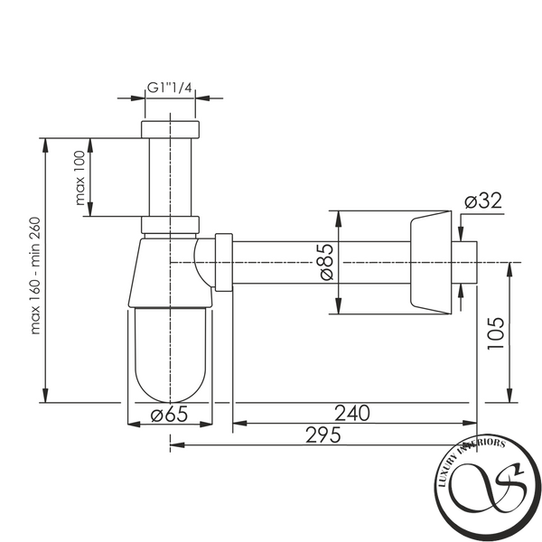 Сифон для умывальника IMPRESE d12600301S i-SEW с накидной гайкой 1 1/4", пластик хром, колбовый, сливная трубка d32х250 с розеткой d12600301S фото