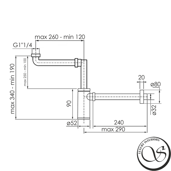 Sifonul de lavoar IMPRESE d12601111S cu piuliță de racord de 1 1/4" economisește spațiu, țeavă de scurgere rotundă d32x250 cu mufă d12601111S foto