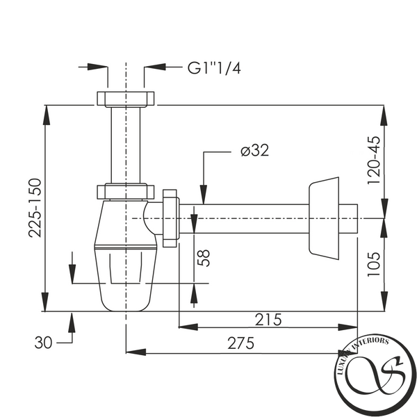 Сифон для умывальника IMPRESE d12601511S с накидной гайкой 1 1/4", сливная трубка d32x215 мм с розеткой d12601511S фото