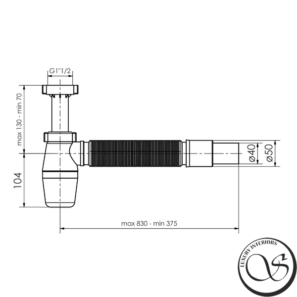 Sifon lavoar IMPRESE d12601311S cu piuliță de racord de 1 1/2", țeavă ondulată d40/50 cu rozetă d12601311S foto