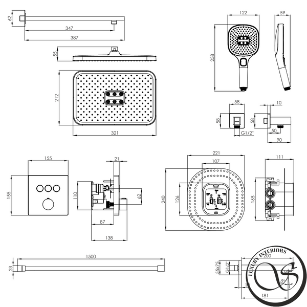 Sistem de duș IMPRESE BILOVEC t04800910SBC Montaj ascuns prin clic (termostat cu 3 funcții, duș 320*210 mm ABS, cap de duș cu 3 moduri, gură de scurgere, furtun 1500 mm PVC) negru mat t04800910SBC foto